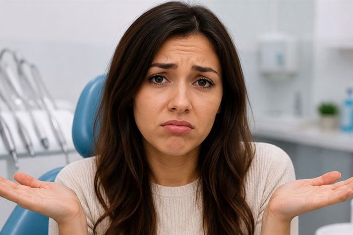 A woman seated in a dental chair, shrugging as if unsure what treatment she needs